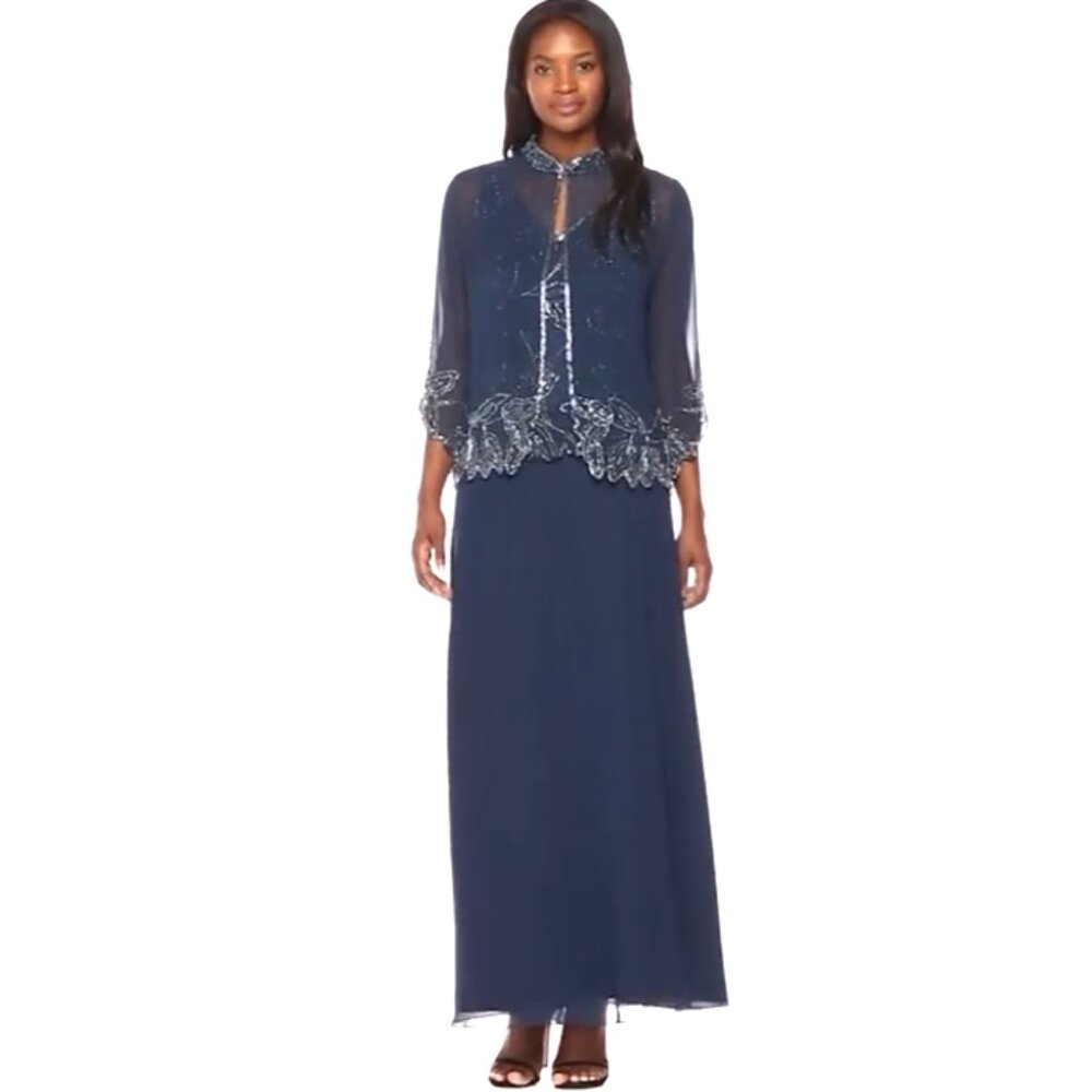 NWT J Kara Beaded Gown with Sheer Jacket, sz 18
